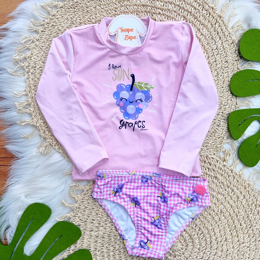 Linha Praia - Conj. Blusa Manga Longa Grapes e Calcinha com Proteção UV50+ - Rosa
